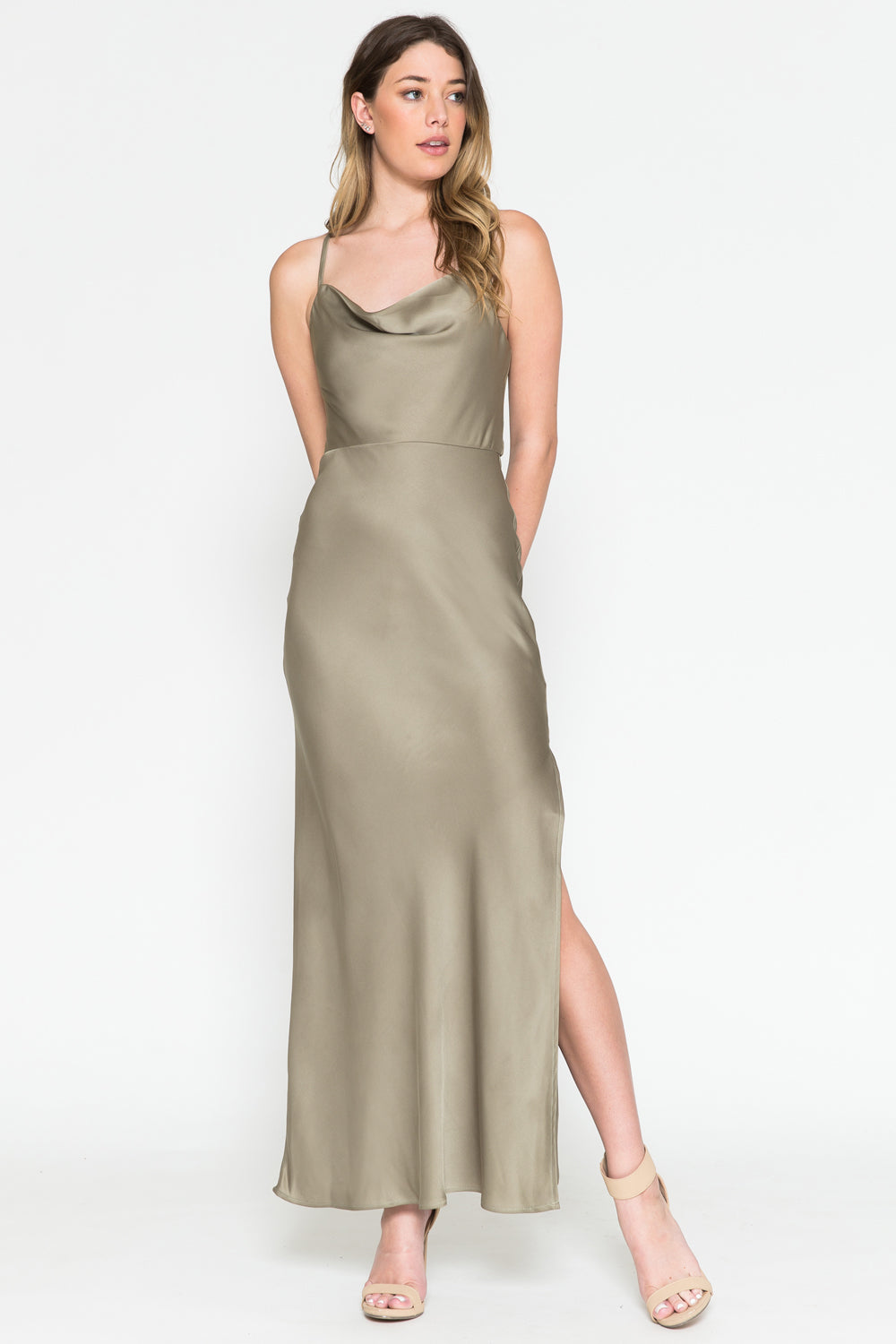 Spaghetti Straps Satin Maxi Sheath Dress