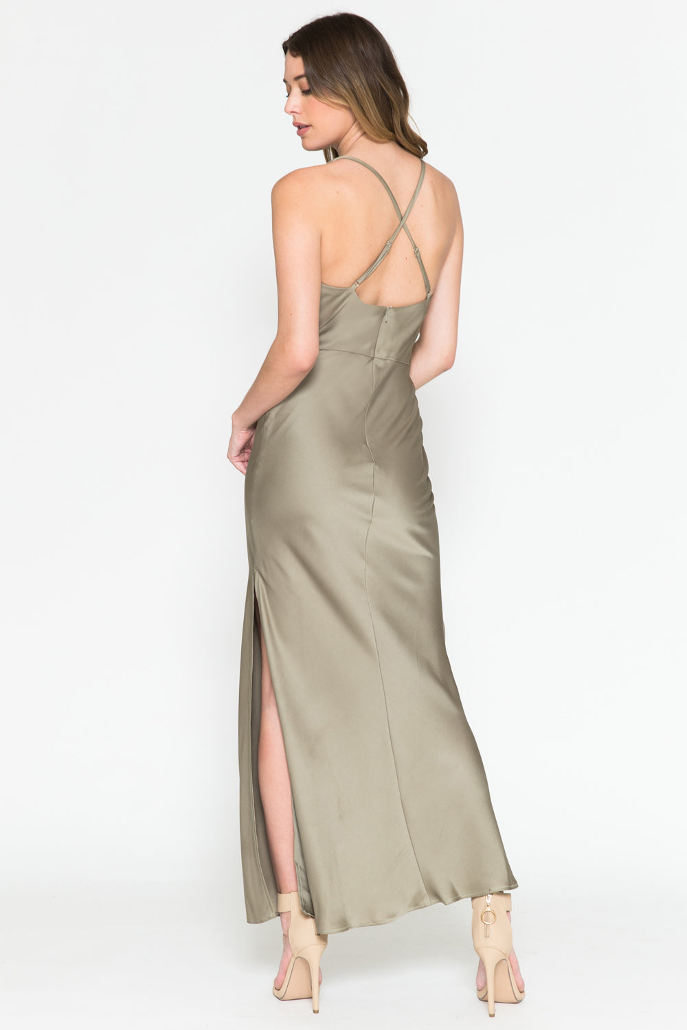 Spaghetti Straps Satin Maxi Sheath Dress