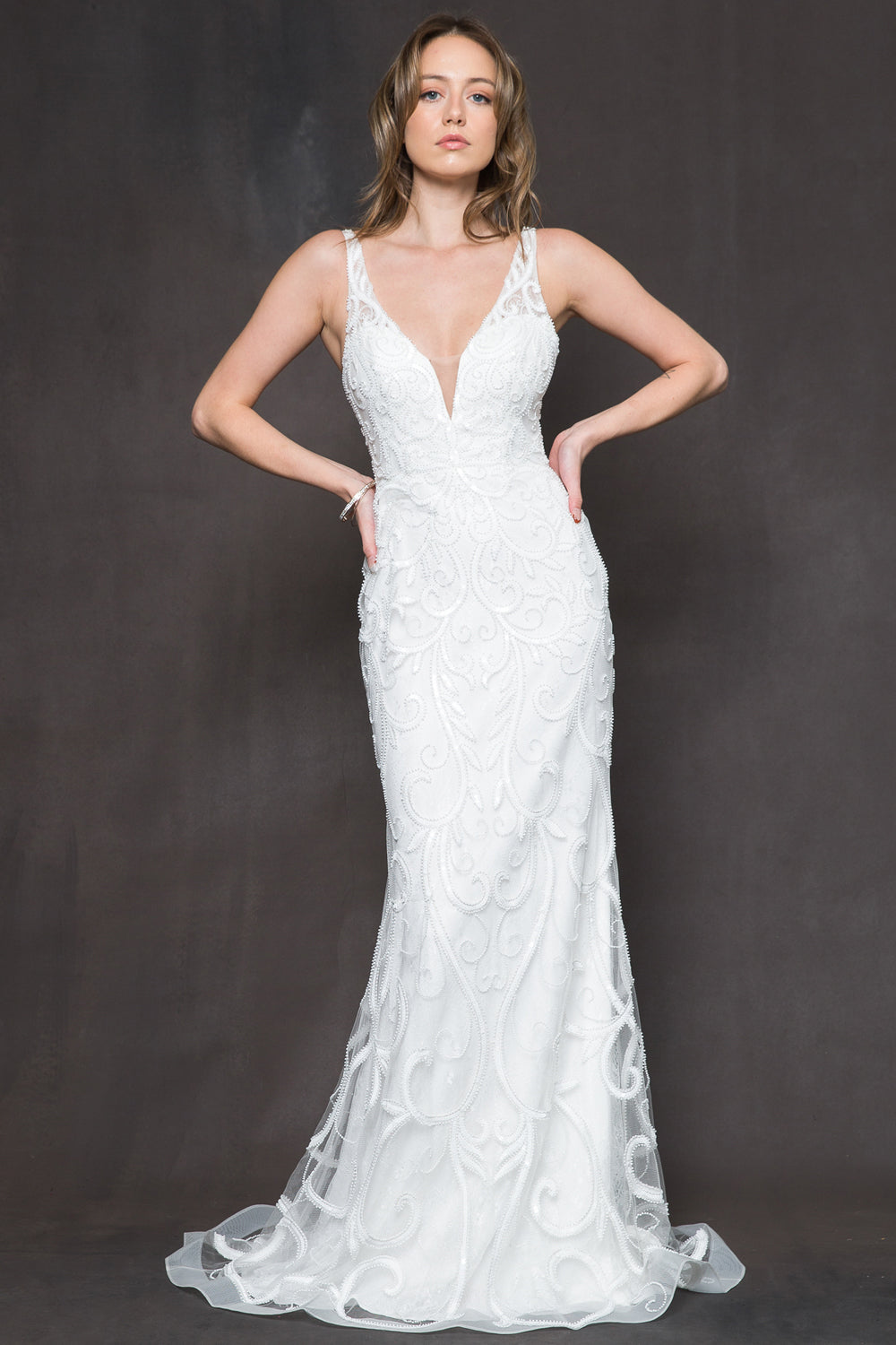 Allover Beaded V-Neck Sheath Wedding Dress Chic-Butic Allover Beaded V-Neck Sheath Wedding Dress Chic-Butic