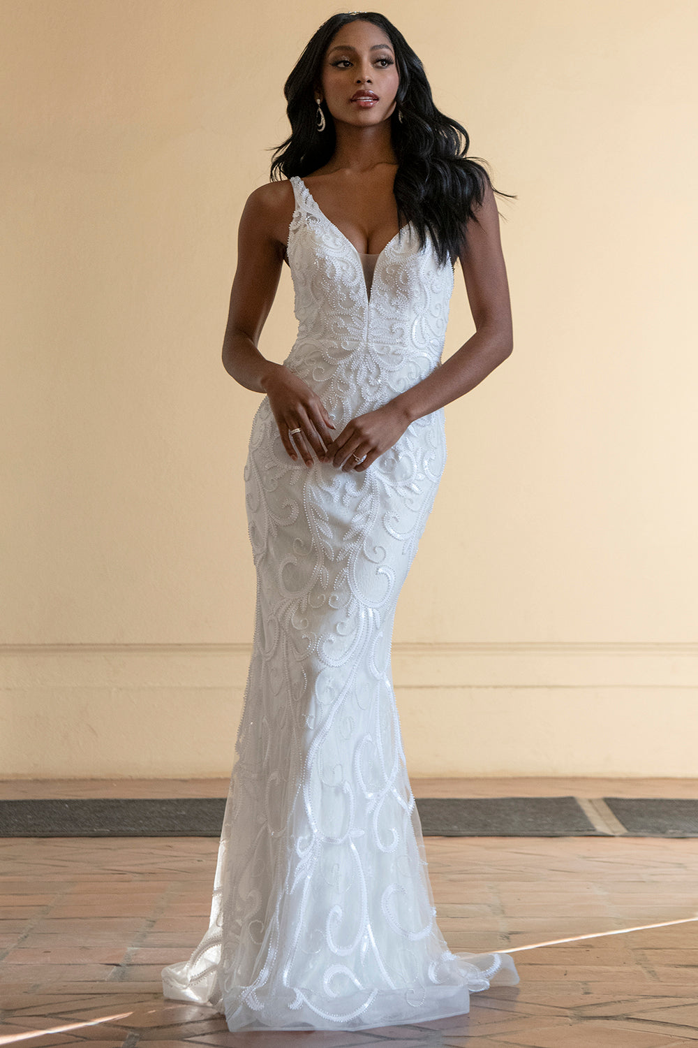 Allover Beaded V-Neck Sheath Wedding Dress