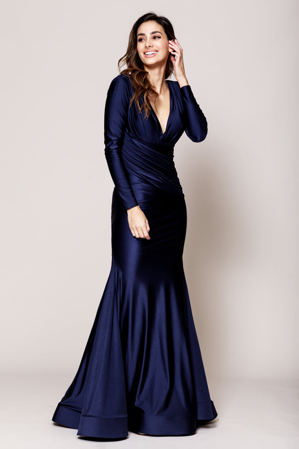 Long Sleeve Ruched Waistline Mother of the Bride Dress