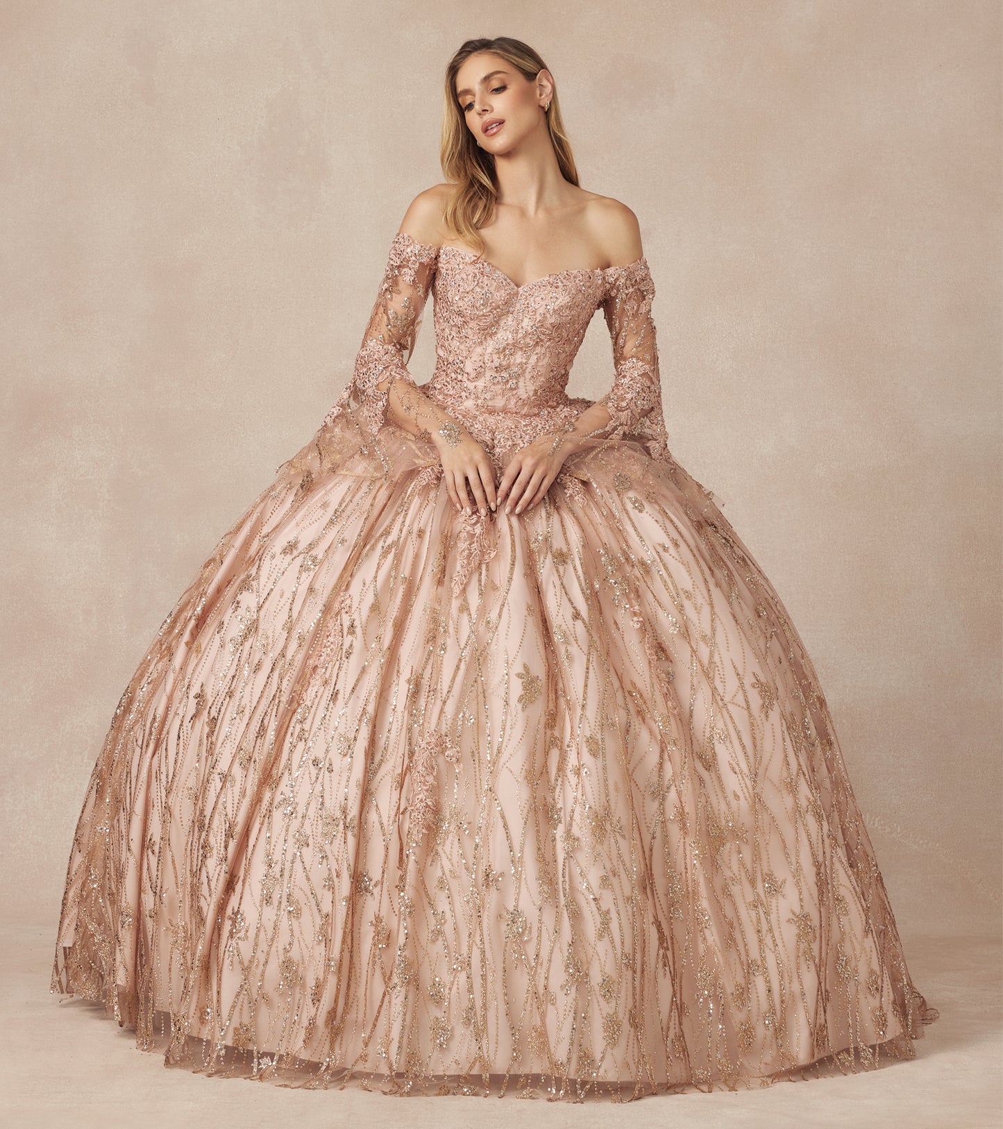 Fairytale Metallic Quince Dress with Bell Sleeves
