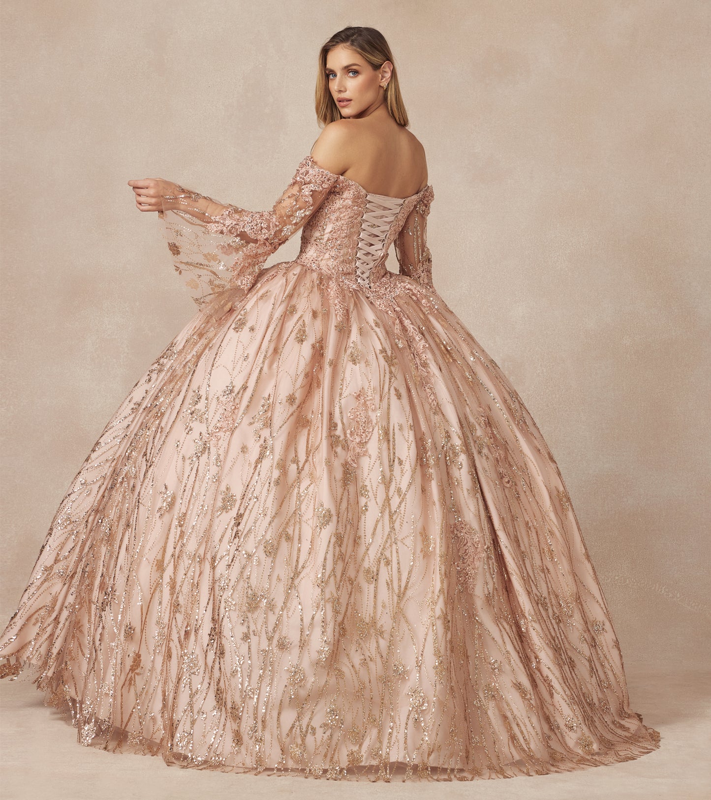 Fairytale Metallic Quince Dress with Bell Sleeves