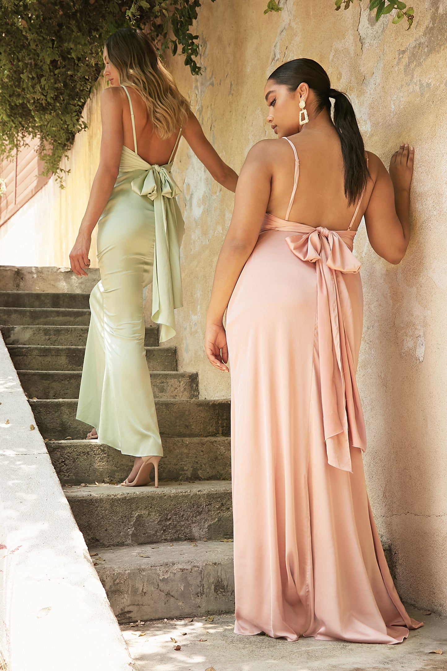 7487 - Cowl Neckline Thin Straps Satin with Tie Open Back Bridesmaid Dress