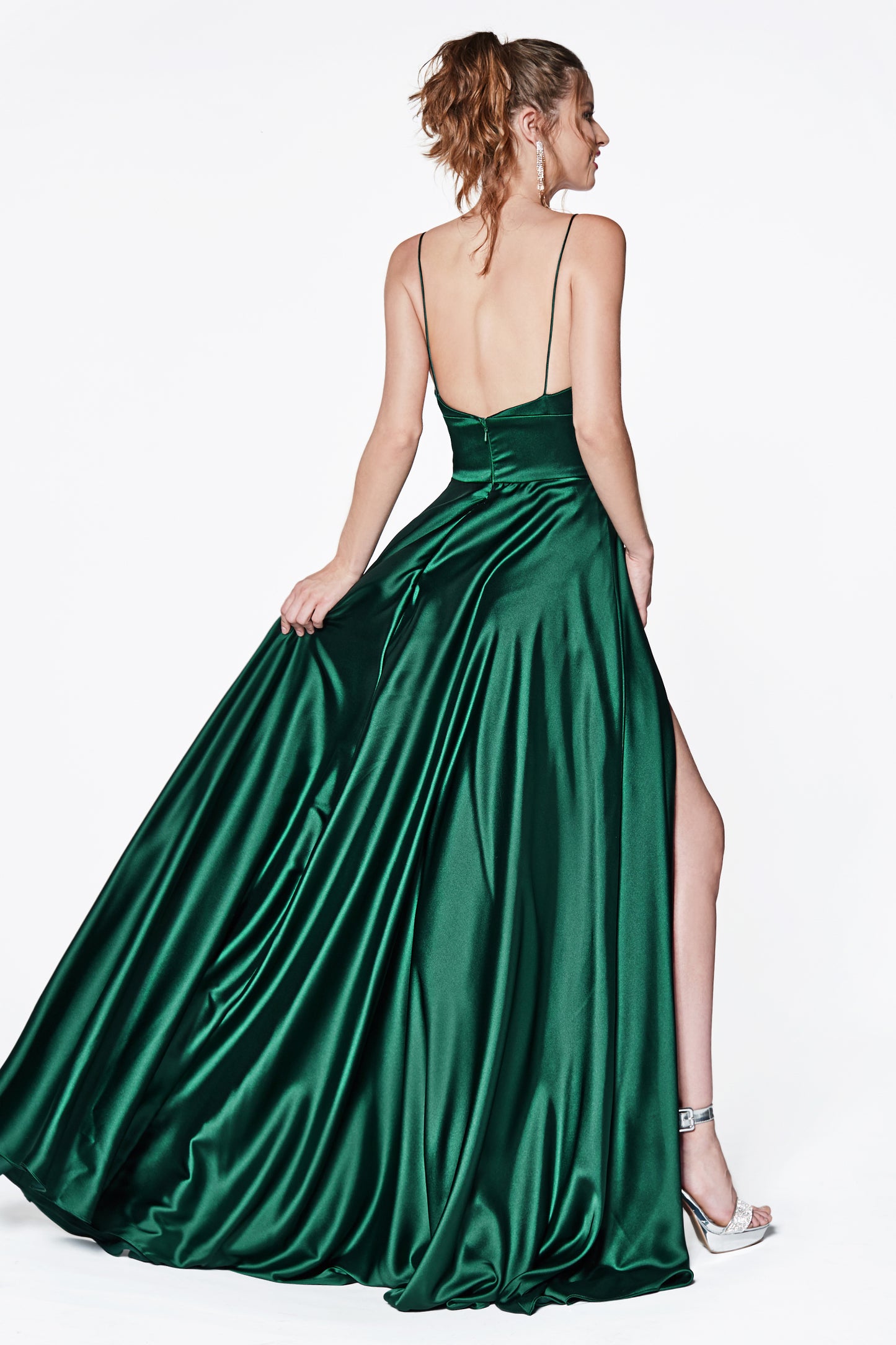 Spaghetti Strap Crepe and Satin A-line with Slit Gown