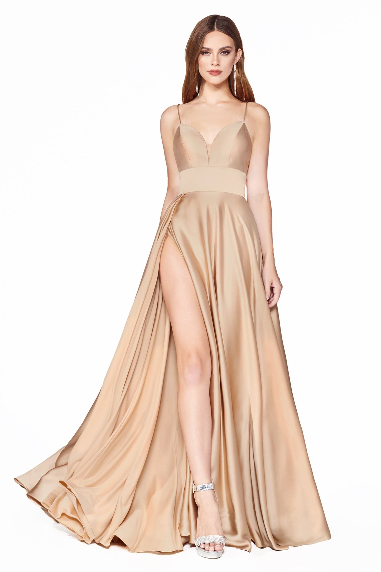 Spaghetti Strap Crepe and Satin A-line with Slit Gown