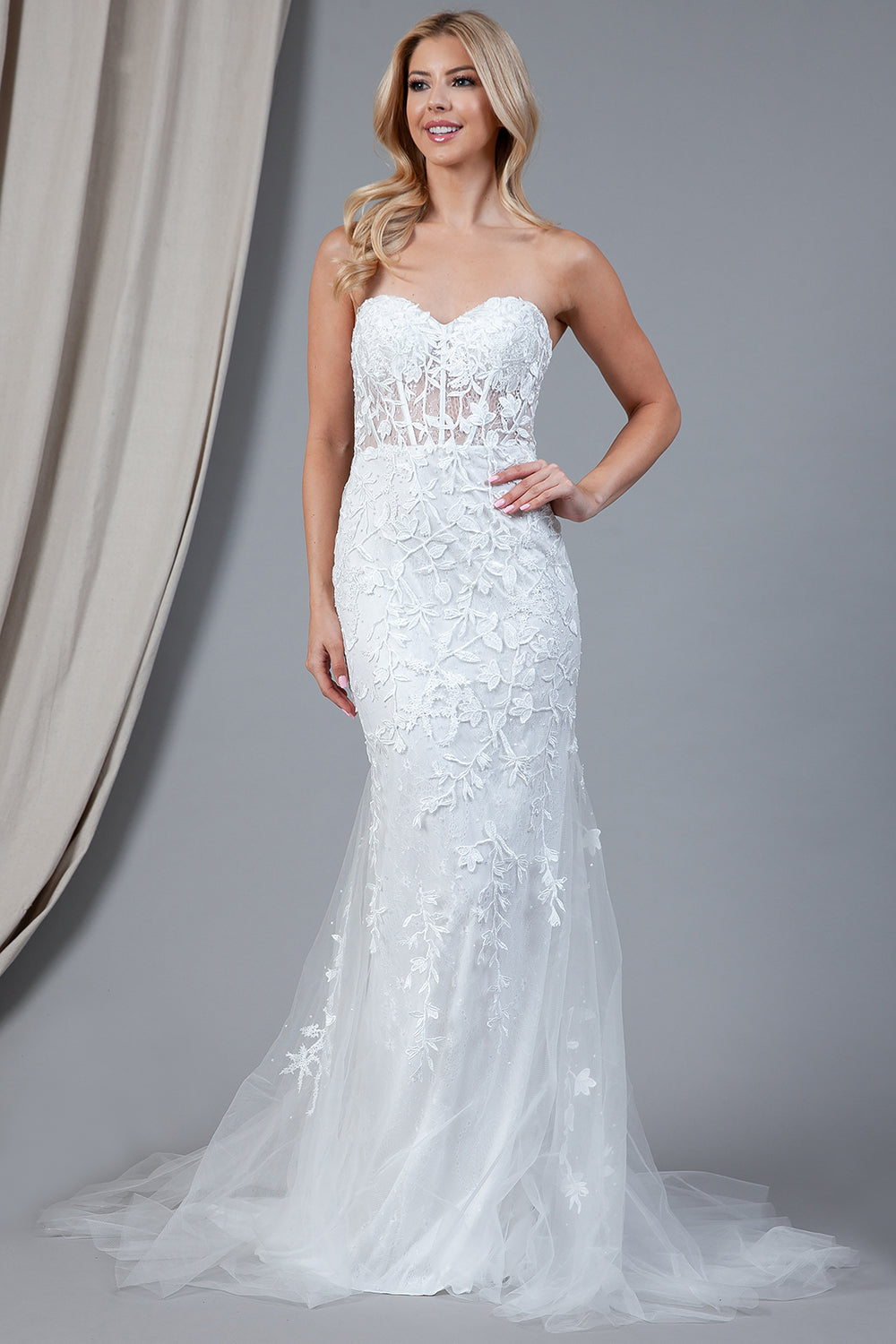 Floral Embroidered Strapless Wedding Dress