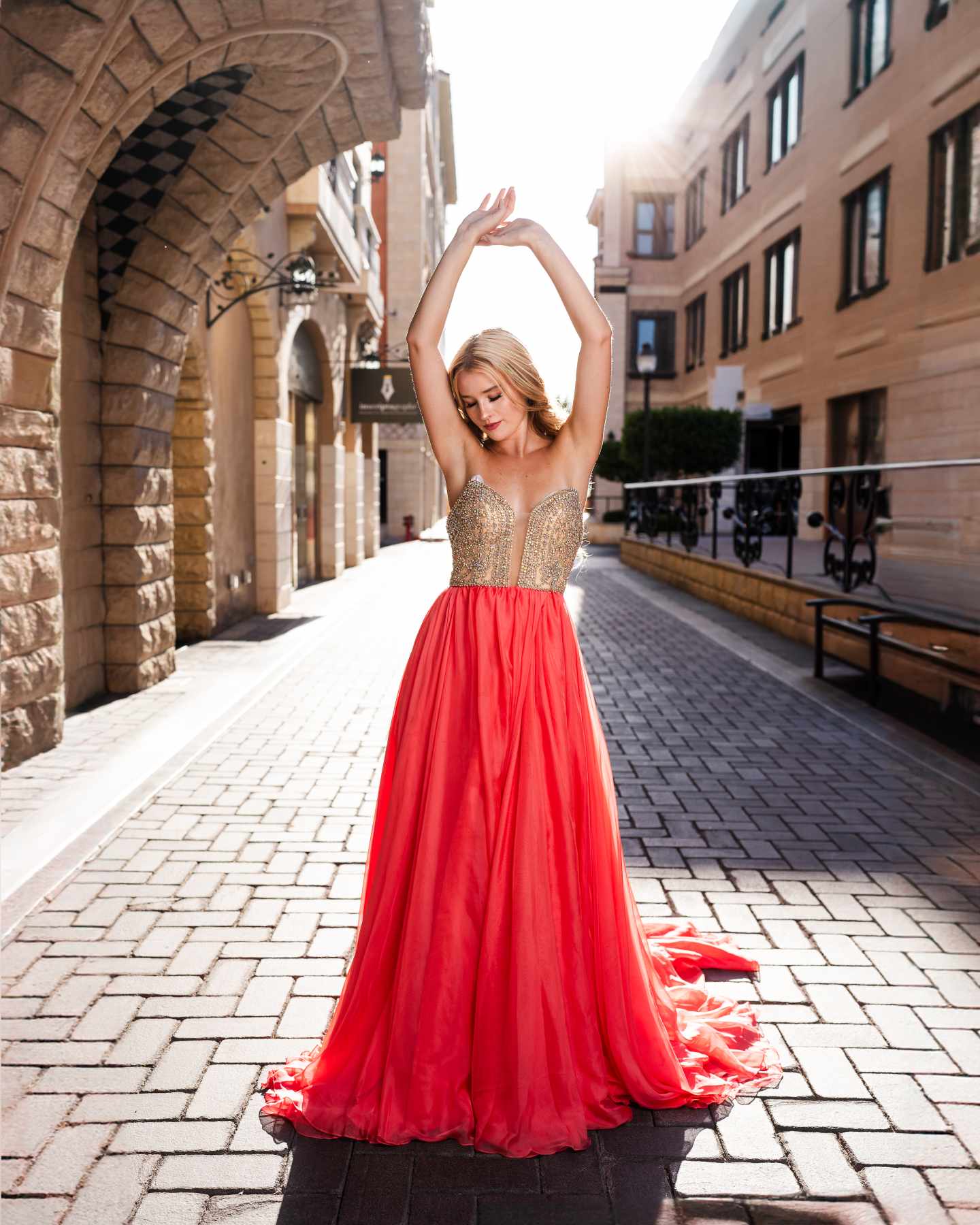 Prima Donna Exclusive Coral and Nude Beaded Pageant Dress