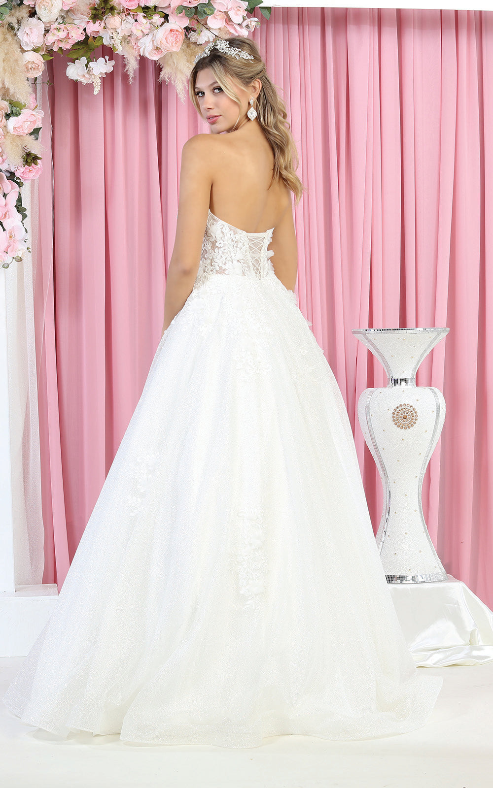 Strapless Embroidered Lace Applique Ball Gown Wedding Dress