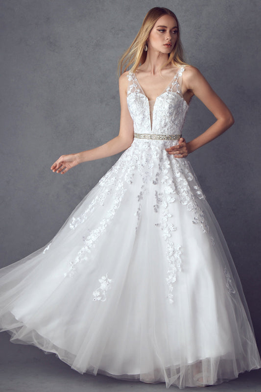 Sheer Boned Floral Appliqued White Gown
