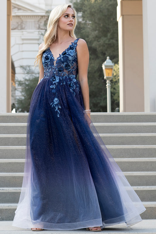 5015 - A-line Ethereal Sleeveless Navy Ball Gown