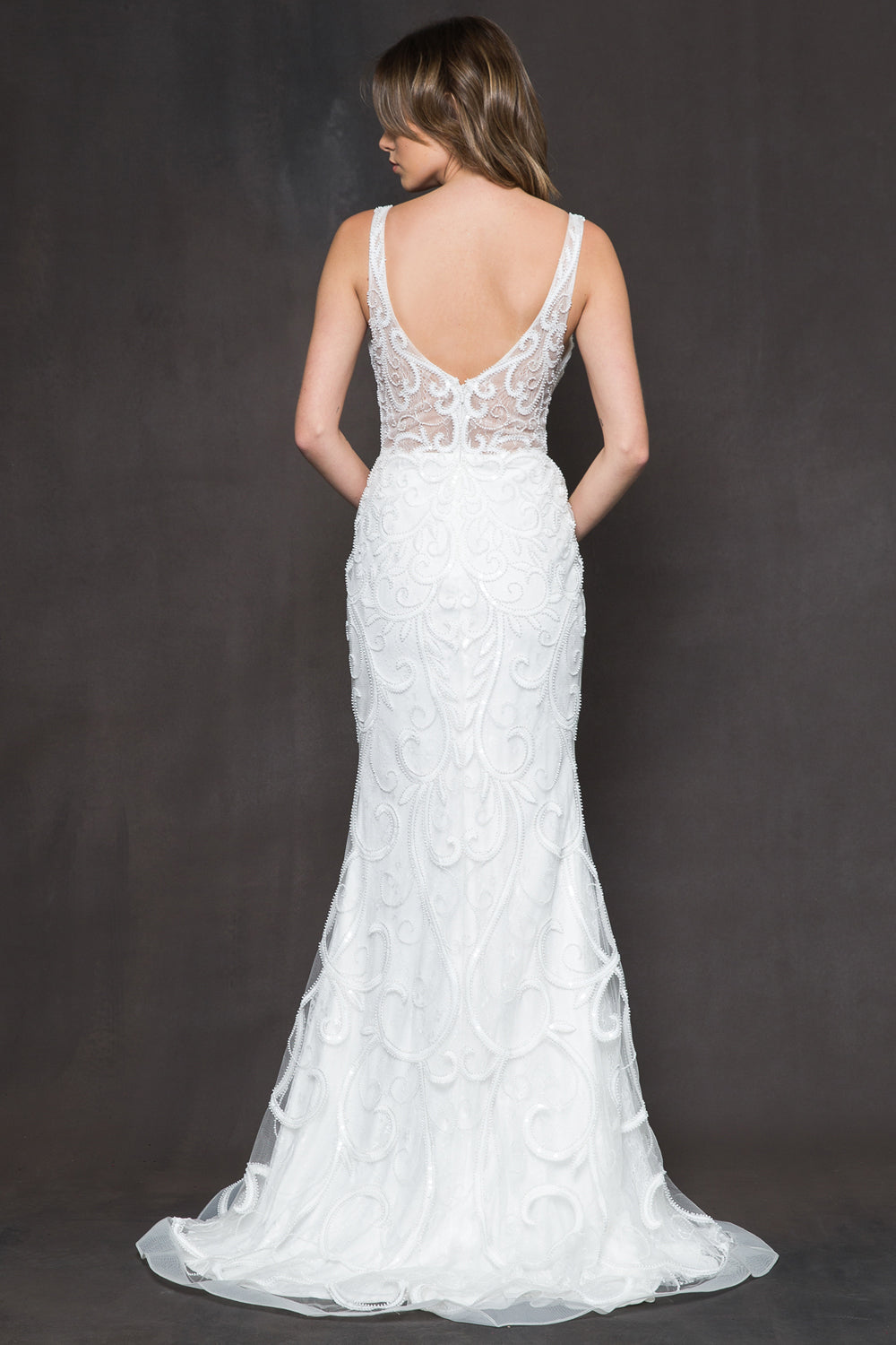 Allover Beaded V-Neck Sheath Wedding Dress