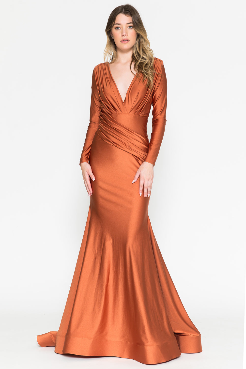 Long Sleeve Ruched Waistline Mother of the Bride Dress