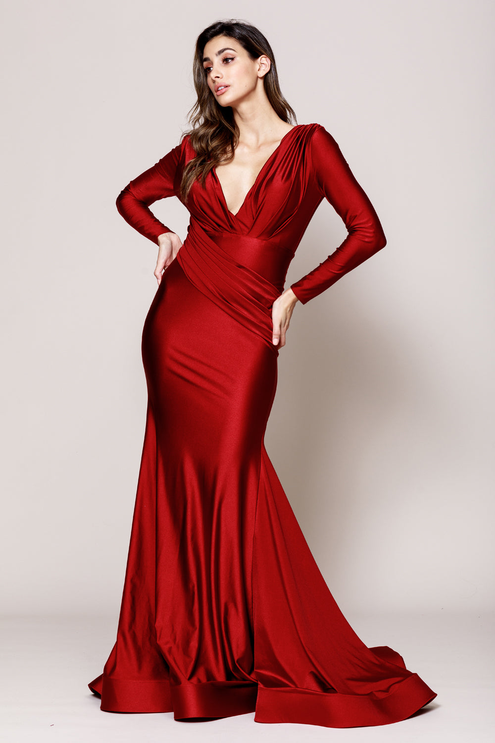 Long Sleeve Ruched Waistline Mother of the Bride Dress