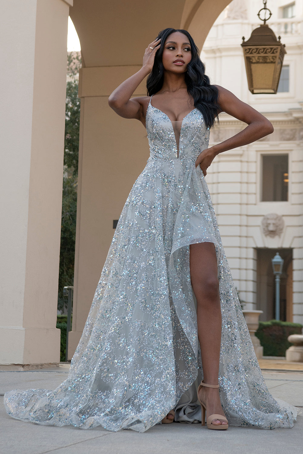 Sequin A-line Chapel Length Silver Ball Gown
