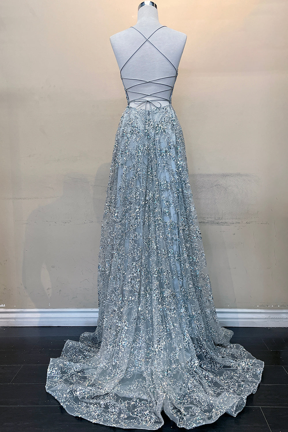 Sequin A-line Chapel Length Silver Ball Gown