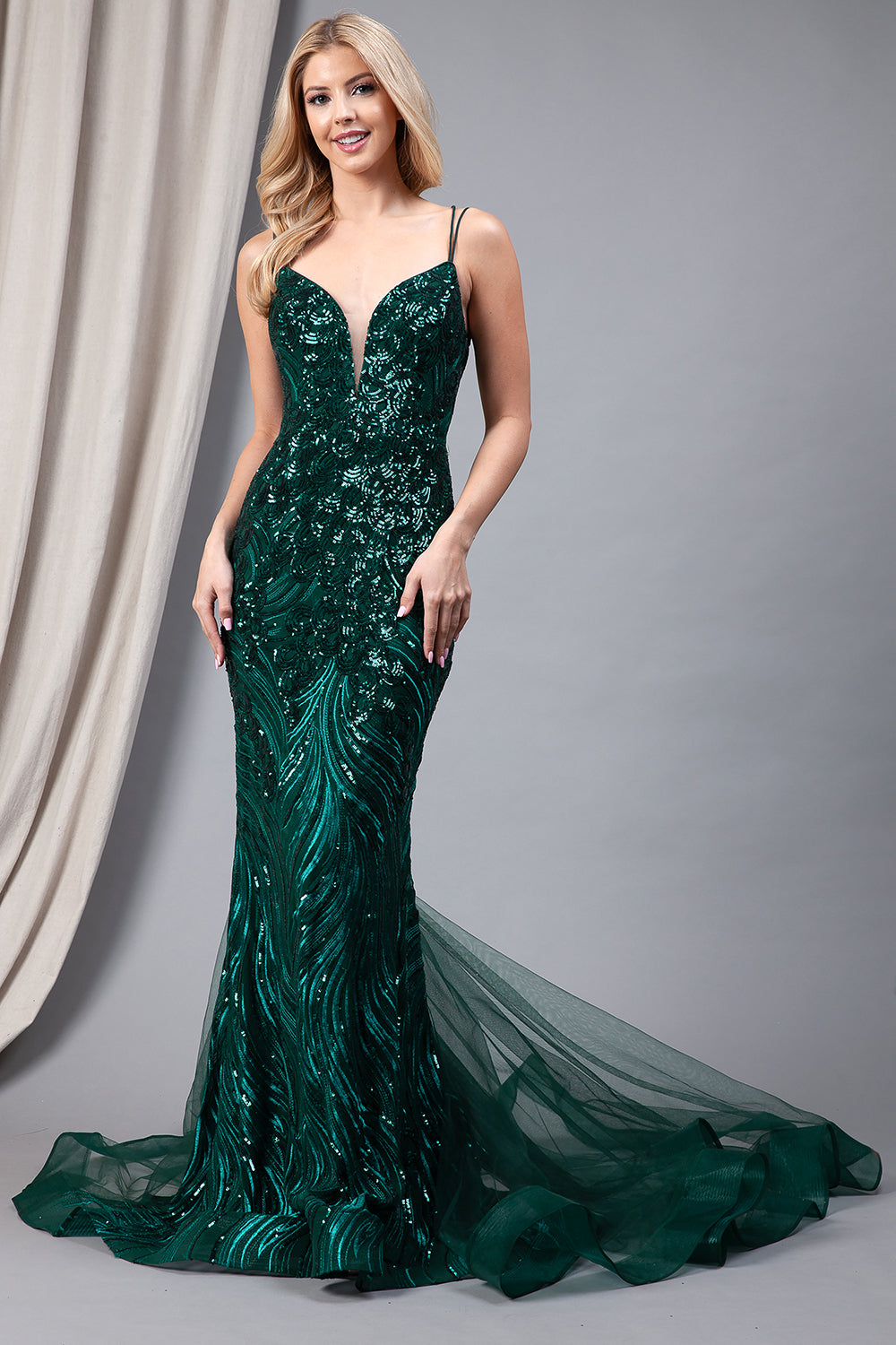7021 - Long Fitted Mesh Tulle Mermaid Dress