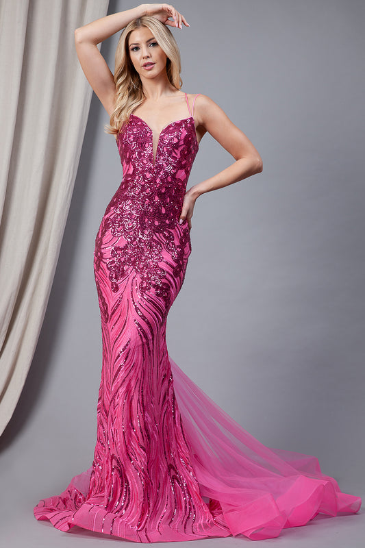 7021 - Long Fitted Mesh Tulle Mermaid Dress