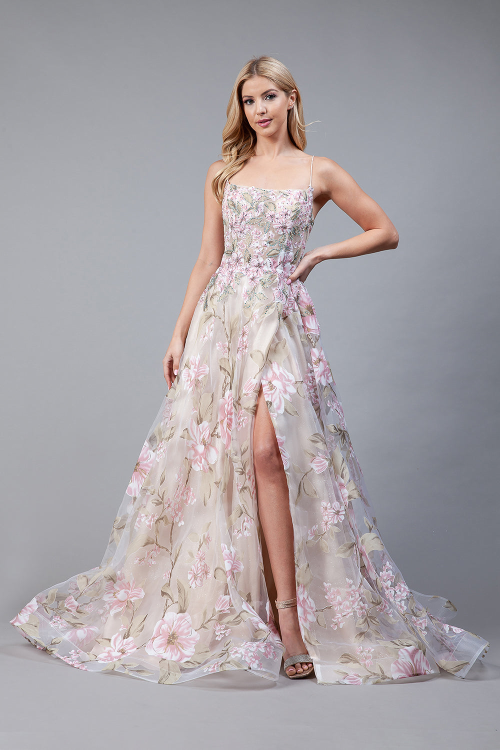 2105 -Embellished Floral Printed Maxi Dress with Slit