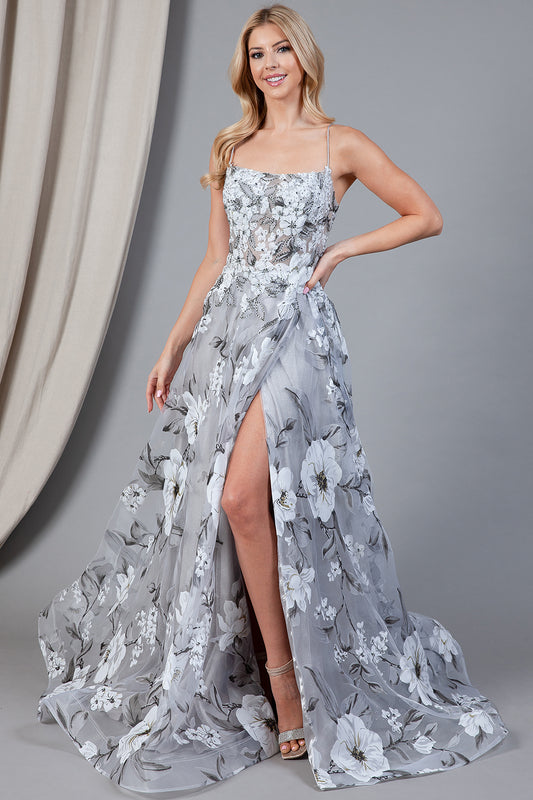 2105 -Embellished Floral Printed Maxi Dress with Slit