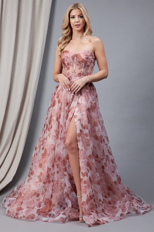 2106- Strapless A-line Floral Printed Dress