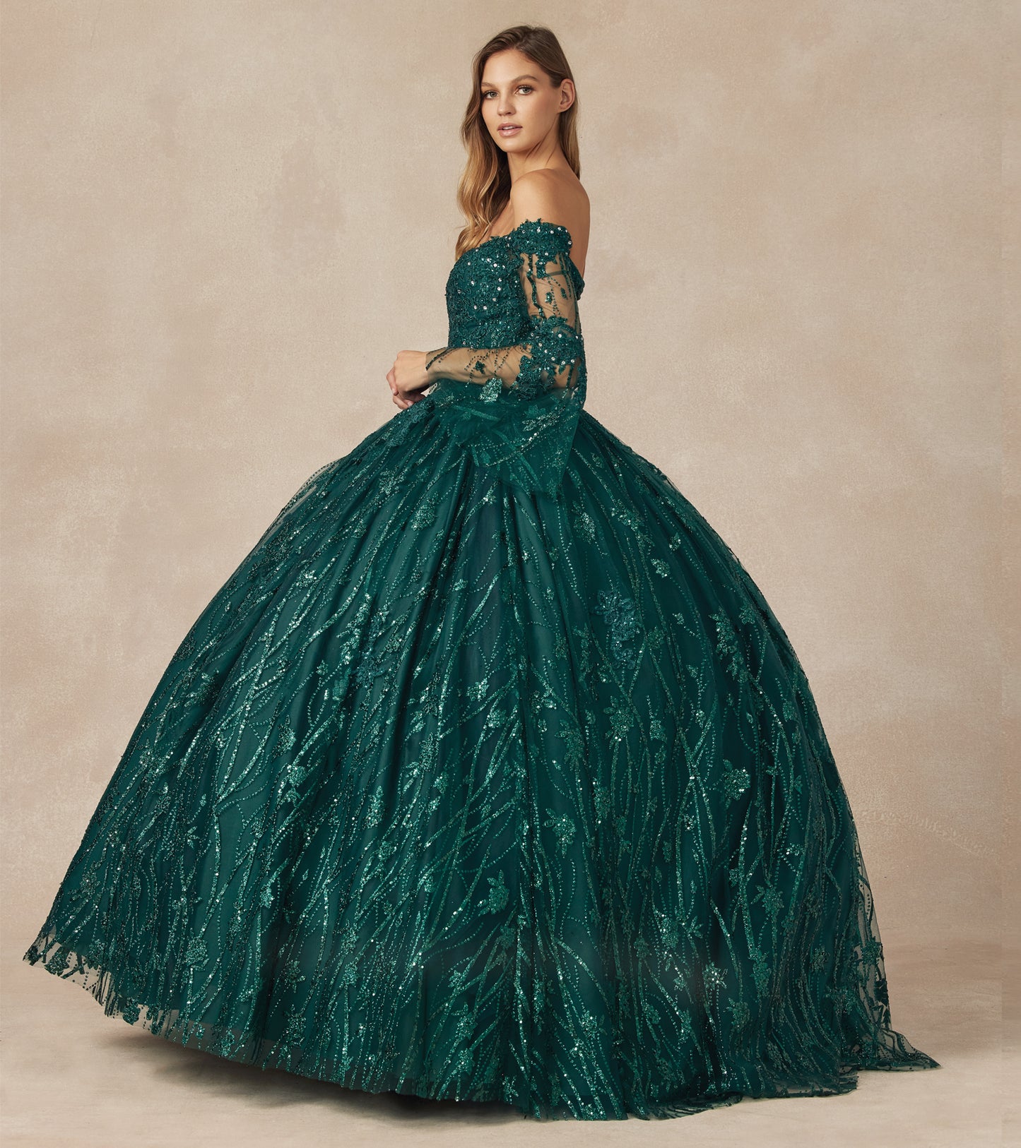 Fairytale Metallic Quince Dress with Bell Sleeves