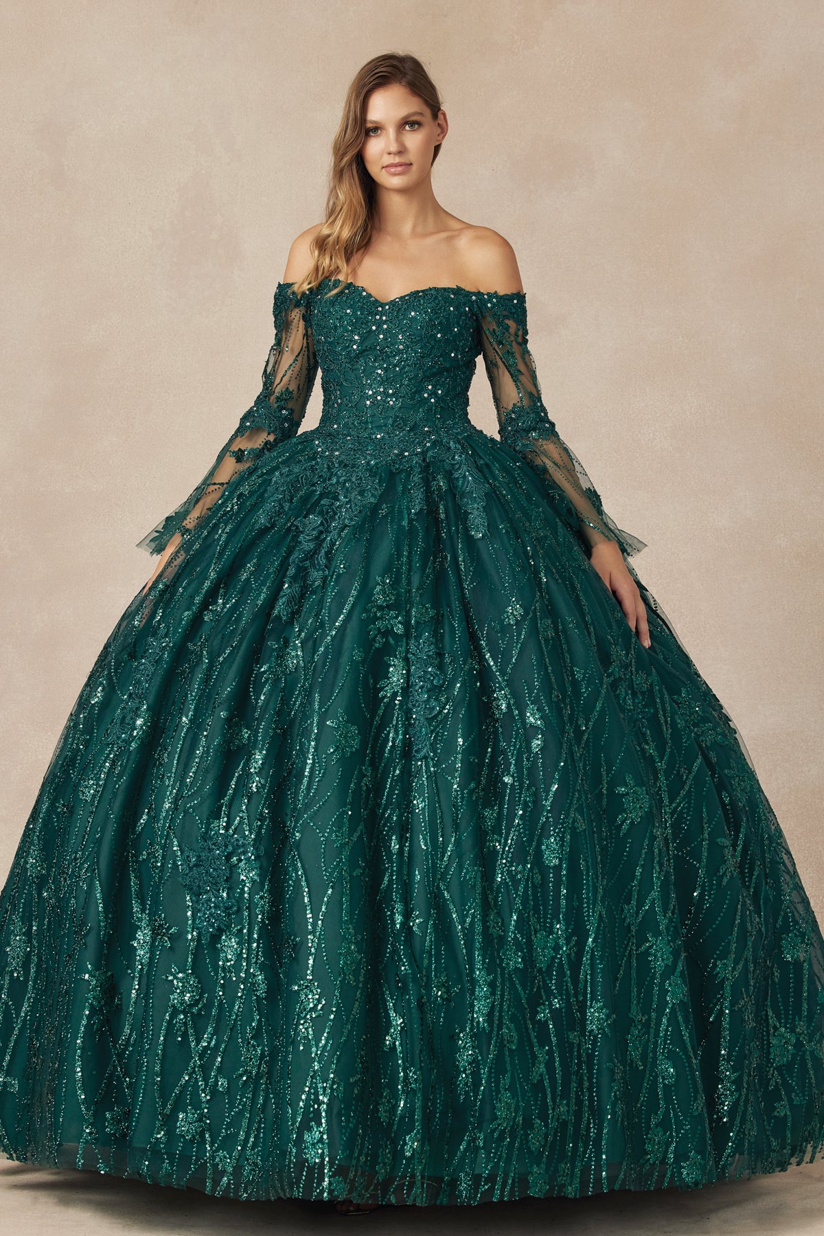 green bell sleeve dress Fairytale Metallic Quince with Sleeves – Chic-Butic Velvet Bridesmaid Dresses LowStock:43331960602675 Gender Reveal Dress | size:2T