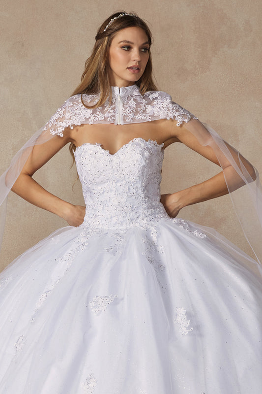 White Appliqued Quince Gown with Strapless Cape