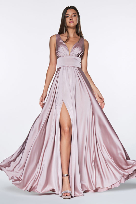 Floor Length Satin A-line Dress with Slit