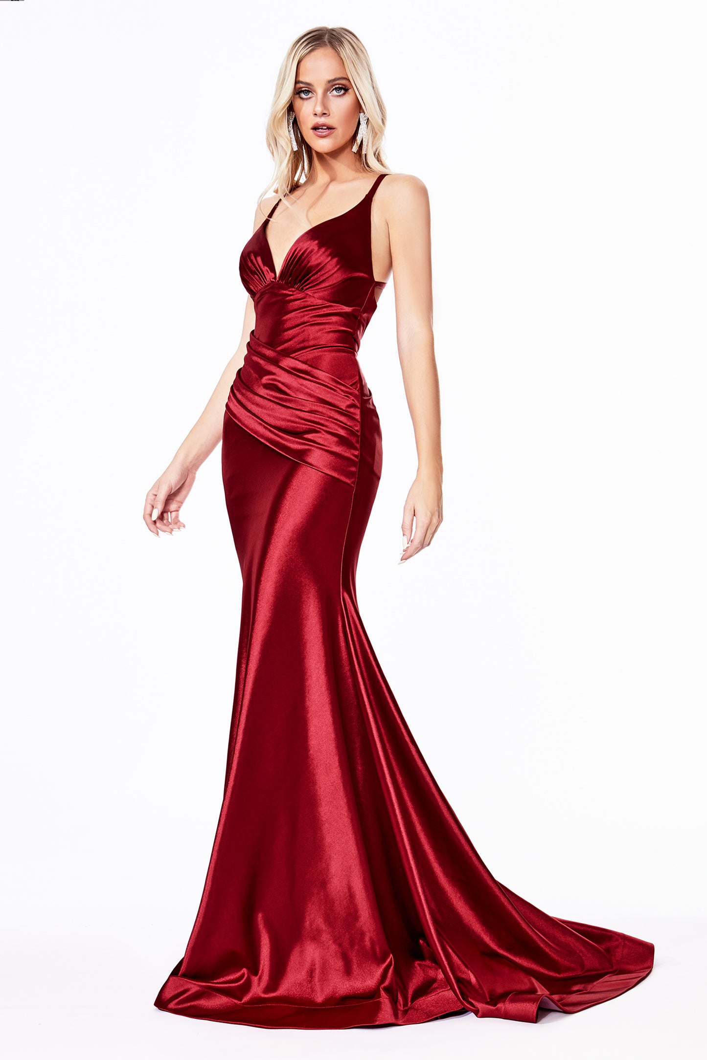 Stretch Satin Open Back Mermaid Gown with Gathered Waistband