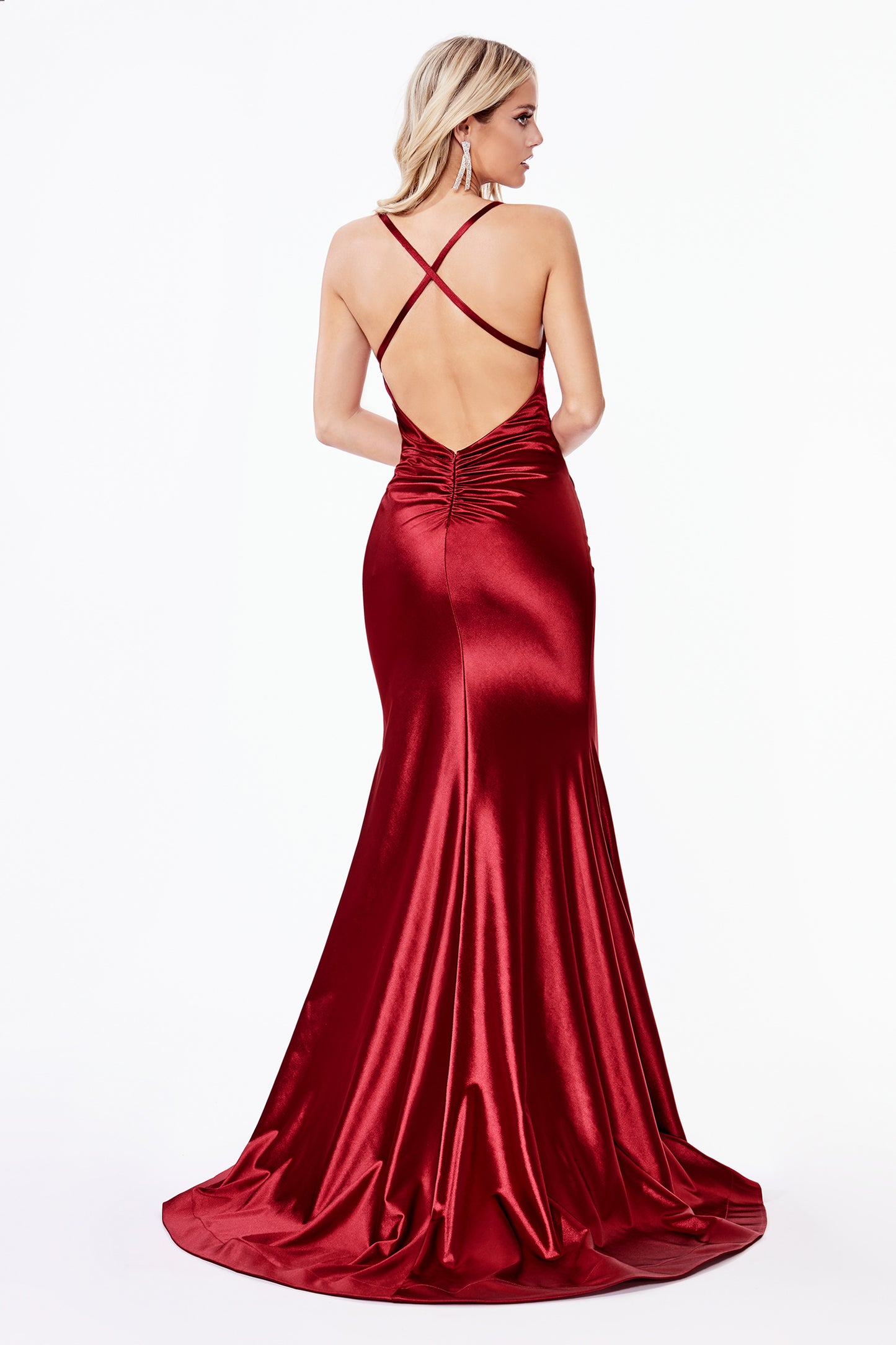 Stretch Satin Open Back Mermaid Gown with Gathered Waistband