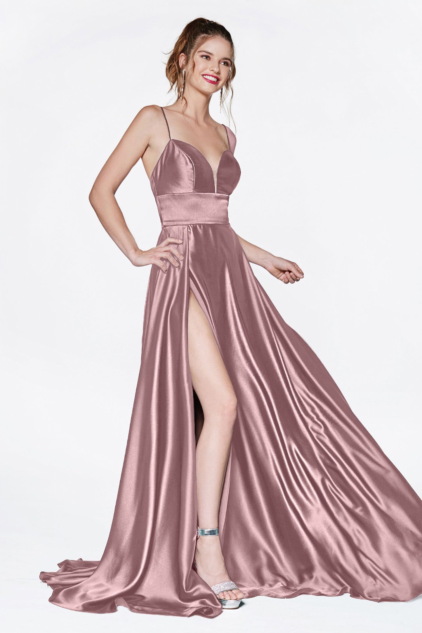 Spaghetti Strap Crepe and Satin A-line with Slit Gown